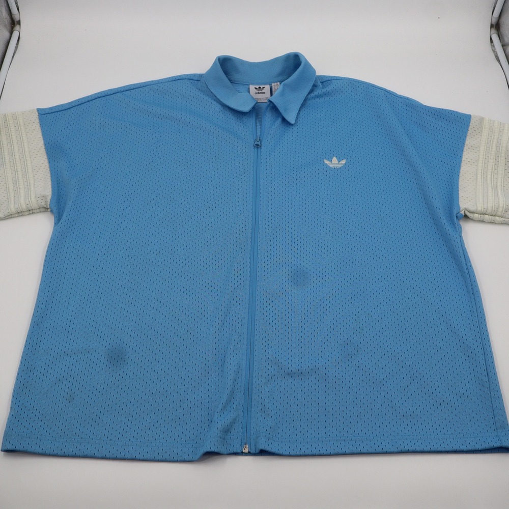Adidas Originals Mens XL Full Zip Mesh Polo Shirt Blue Trefoil 3-Stripe Sleeves
